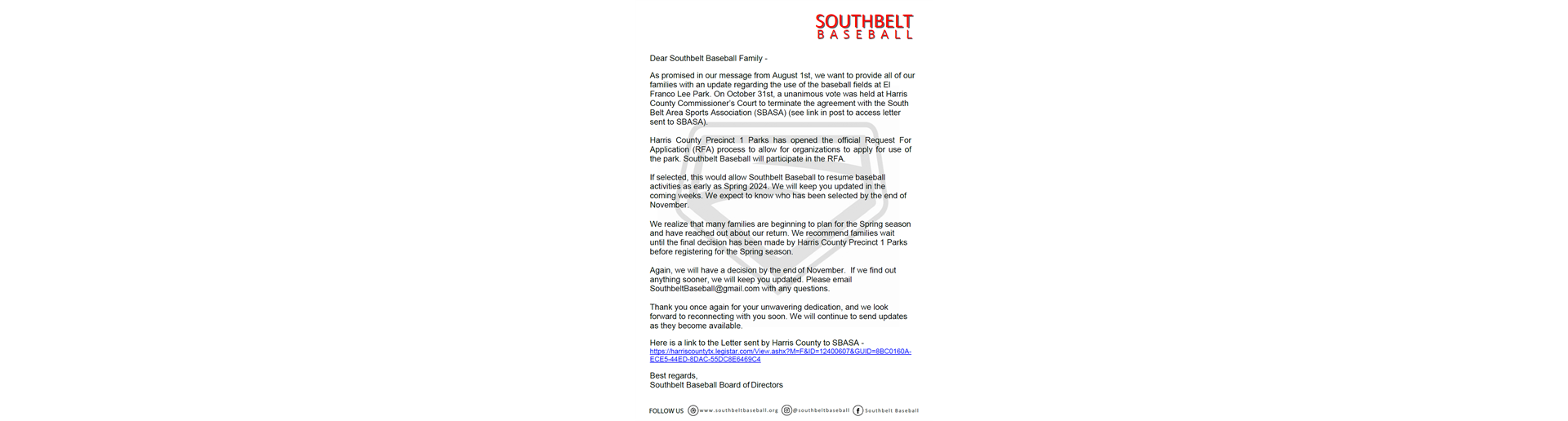 Southbelt Baseball UPDATE